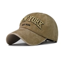 Close-up of vintage khaki washed baseball cap with yellow New York embroidery and 1626 detail - Adjustable / Khaki