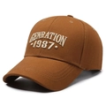 Dark brown baseball cap with 'GENERATION 1987' white embroidery and twill cotton texture - Yellow Brown
