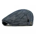 Navy blue denim flat cap with vintage woven texture and adjustable metal buckle - Dark Blue