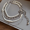 Collar de perlas y pedrería de varias capas con colgante de cabeza de león plata - Plateado