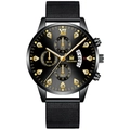 Men's business quartz watch with black mesh strap, Roman numerals and rhinestone markers - Black Band Black Case Black Dial Gold Hands