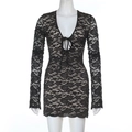 Macro shot of rose floral lace texture and ribbon tie detailing on a V-neck mini dress - XS / Black