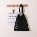 Handmade black woven cotton net tote bag featuring minimalist crochet mesh and sturdy handles - Black