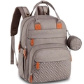 Detail of grey baby diaper backpack with side pockets and a small round woven pouch - Khaki
