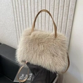 Faux fox fur plush crossbody bag in beige with dark brown leather straps for autumn - With Leather Strap / Light Khaki