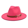 Detail of rose pink fedora hat featuring brown leather band and gold metal chain buckle - M (56-58cm) / Rose Red
