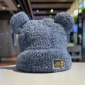 Cute hazy blue plush winter hat with bear ears and thick thermal lining for women - Gold Bear Blue-Grey