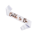 Close-up of white satin sash with rose gold Bride to Be lettering and diamond pattern - White Bride to Be