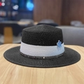 Elegant black boater straw hat with white trim and a delicate light blue flower - Black (Plum Blossom Flat Top Straw Hat)