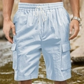 Men's light blue cargo shorts with drawstring waist and large side pockets in linen fabric - Light Blue