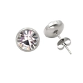 Macro shot of silver stainless steel round stud earrings with multifaceted crystals - Silver White Zirconia
