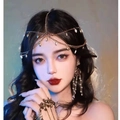 Exotic golden bohemian forehead chain with shell inlay and matching tassel earrings - 40723 Golden Ethnic Jewelry Set