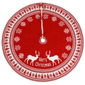 Knitted red Christmas tree skirt with white reindeer and snowflake patterns and ties - Christmas Knitted Reindeer Tree Skirt
