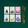 Set of 6 Christmas gift tags with festive patterns and golden twist ties on green background - Christmas Greeting Card Set / 5.5x8cm