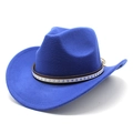 Detail of bright blue felt cowboy hat featuring a brown leather belt with silver stars - M (56-58cm) / Blue
