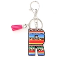 Letter R keychain with pink tassel and leopard print pattern on white background - Letter R