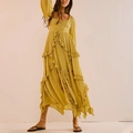 Elegant yellow bohemian maxi dress with ruffled layers and a stylish U-neck design - S / Yellow