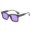 Trendy square frame sunglasses for women with purple lenses and chic gold metal details. - Glossy Black Frame Marble Temples Purple Lenses