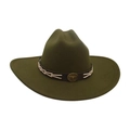 Olive green felt cowboy hat featuring a leather braided band with a metal bull head logo - Army Green