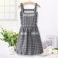 Black and white plaid cotton apron with delicate lace trim and ruffle hem design - Black (Plaid Lace)