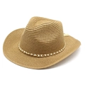 Dettaglio di cappello di paglia kaki con trama intrecciata e catena di perle elegante - M (56-58cm) / Cachi