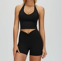 Women's black yoga set with halter neck top and high-waisted cross-waist shorts - S / Top And Bottom / Premium Black