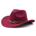 Detail of wine red wool cowboy hat featuring a brown band and metal horsebit buckle - M (56-58cm) Adjustable / Burgundy
