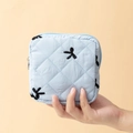 Light blue quilted sanitary napkin bag with black embroidered bows and metal zipper - 12.5*5*12.5cm / Light Blue
