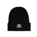 Detail of black knitted beanie featuring a heart logo patch and unusual original text - M (56-58cm) / Black