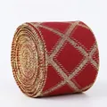 Ruban imitation lin rouge avec motif diamant doré et largeur 6,3 cm pour décorations - 6.3cm / Base Rouge Grille Dorée