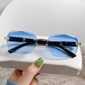 Rimless square sunglasses with blue gradient lenses and golden metal temples - Gold Gradient Blue Lens Black Temple
