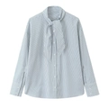 Blue and white striped pussy-bow poplin shirt with long sleeves in a flat lay display - XS / Black Stripe