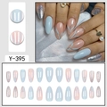 Blue almond fake nails set with silver glitter wave lines and solid light blue finish - Blue Pink Silver Wave Mix (Y-395)