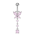 Detail of silver belly ring with pink gemstone butterfly and tiered crystal pendant - Silver-Pink Zircon Butterfly Dangle