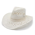 White hollow out crochet cowboy hat with wide brim and handmade woven straw texture - M (56-58cm) / White