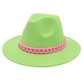 Detail of neon green fedora hat featuring a chunky pink chain trim on a wide brim - Fruit Green