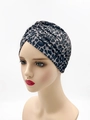 Elastic turban hat with grey and black leopard print pattern shown on a mannequin head - One Size / Blue-Grey Leopard