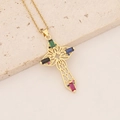 18K gold plated copper necklace featuring a cross pendant with colorful gemstones - Multi-Color Gemstone Hollow Style (4#)