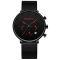 Detail of black mesh watch strap and round dial with red hands and date window - Black Mesh Strap / Red Hands (Printed)
