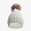 Ivory ribbed knit beanie for women with large faux fur pompom for winter outdoor warmth - Kids (50-54cm) / White