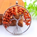 Silver tree of life pendant featuring natural red crystal stones in a round frame - Silver Scattered Root Red Jasper