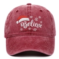 Casquette de baseball en coton lavé rouge avec motif Noël et texte brodé - Bordeaux