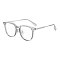 Modern transparent grey square eyeglasses frame with slim metal temples on white base - Transparent Grey Frame C4