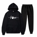 Two-piece black hooded tracksuit for women featuring a white love and paw print design - S / Black Love Paw (12)
