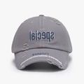 Vintage grey baseball cap featuring blue special embroidery and distressed ripped details - Distressed Style (24A111) / Smoke