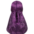 Detailed back view of purple paisley durag showing satin texture and ribbon ties - Purple Paisley