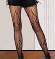 Sexy black fishnet tights with punk flame pattern, elastic nylon hosiery for Halloween - XL / Flame Pattern / Black