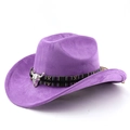 Détail du chapeau de cowboy violet avec ruban tissé coloré et tête de taureau argentée - M (56-58cm) / Violet Taro