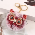 Sparkly red owl pom pom keychain with gold glitter ears and plush faux fur accessory - 8cm / Jujube Red Frost