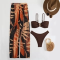 Detailed view of 3-piece brown bikini set with tropical leaf print beach trousers - S / Dark Brown